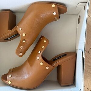 DKNY Women's Brown Studded Block Heel Mules
